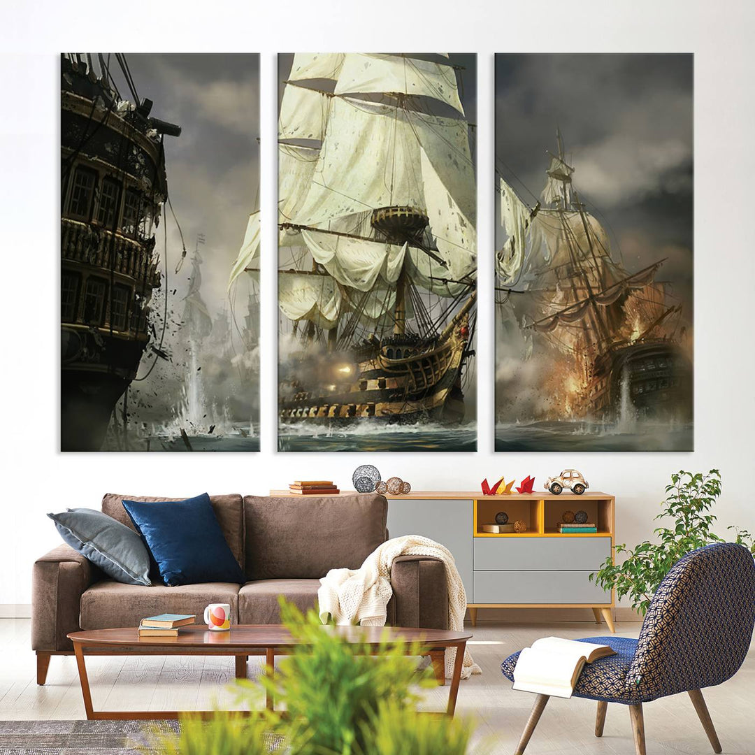 The Pirate Ship War Wall Art Canvas Print, featuring a stunning three-panel depiction of an intense sea battle with tall ships, boasts a gallery-quality finish that adds an elegant touch to its display.