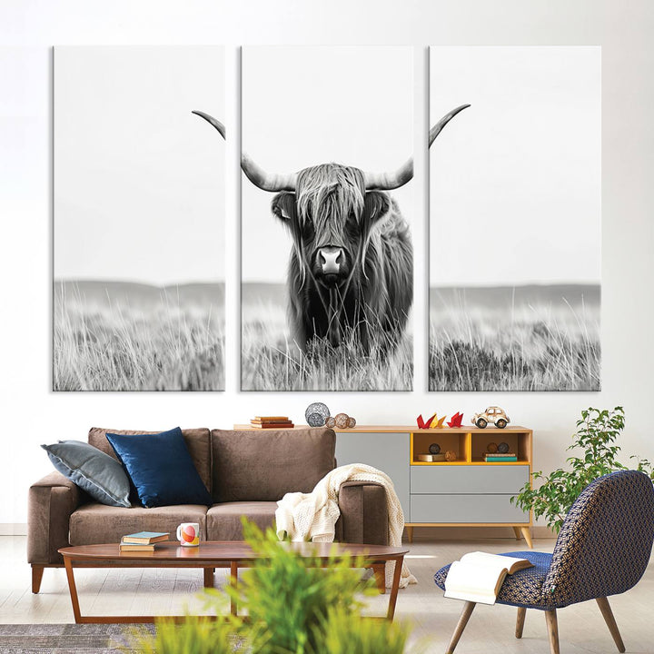 The living room is enhanced by a stunning three-panel Longhorn Wall Art Canvas Print. This museum-quality piece of Texas Longhorn Art comes on a gallery-wrapped canvas with a UV-protective coating to keep it vibrant under everyday light exposure.