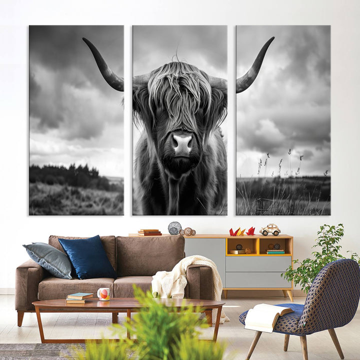 A stunning gallery-quality piece, the "Scottish Cow Wall Art Canvas Print | Longhorn Wall Art | Bighorn Animal Wall Art," depicts a Highland cow with long horns and shaggy fur. This captivating wall art elegantly enhances the space.