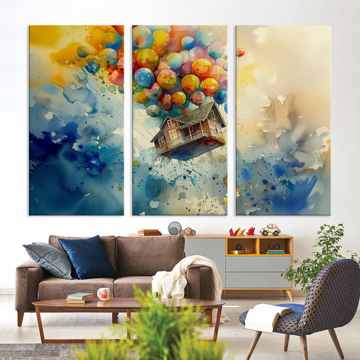 The Cartoon Movie Wall Art Canvas Print, featuring a vibrant house lifted by balloons and split across three panels, serves as captivating wall art. Handmade in the USA, it adds charm and whimsy to any space.