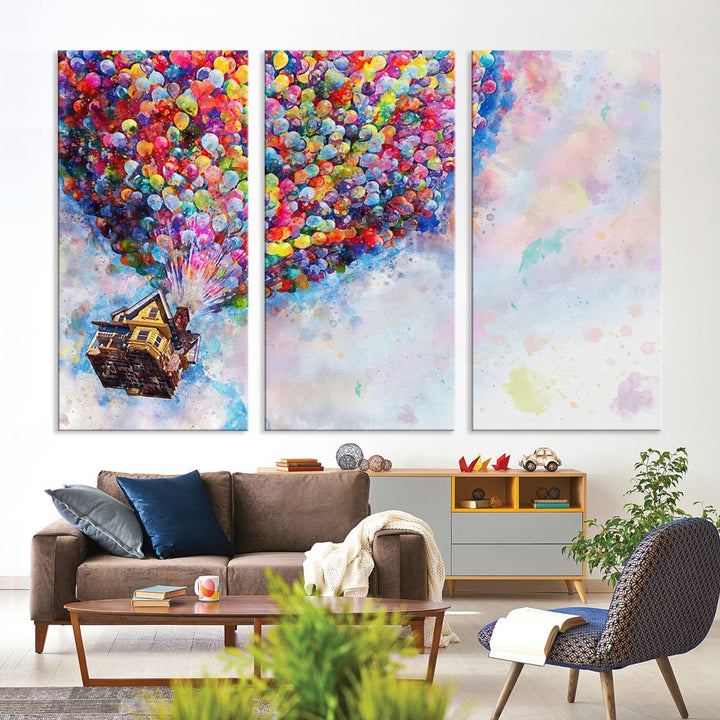 The "Watercolor Cartoon Movie Balloons Canvas Print" is showcased, depicting a whimsical house being lifted by colorful balloons. This triptych wall art is crafted on museum-quality canvases with a UV-protective coating to maintain its vibrant colors, making it ready to hang in any room.