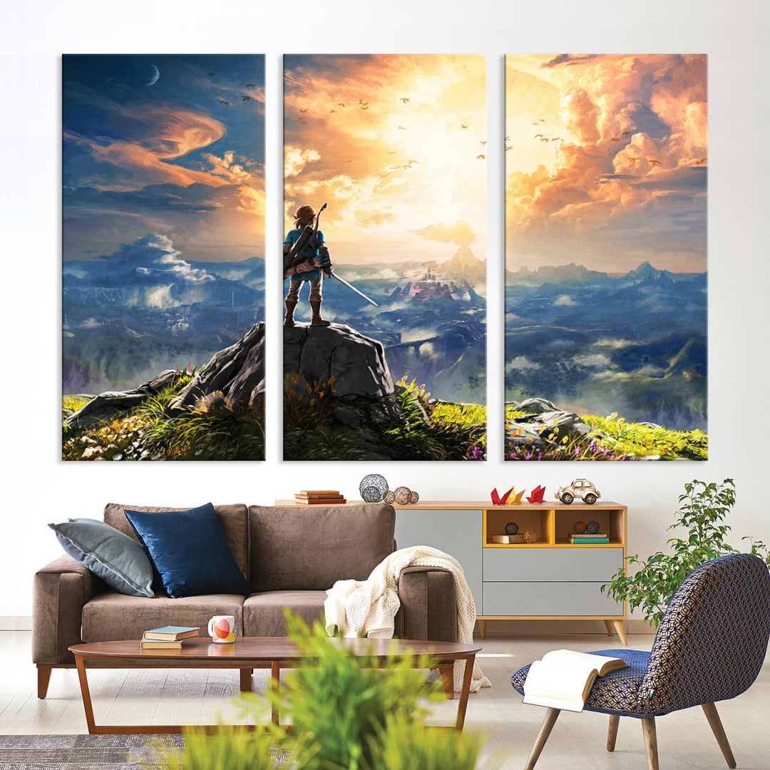 The Legend of Zelda Breath of the Wild Game Wall Art Canvas Print showcases a fantasy landscape with a character on a cliff, all rendered in gallery-quality finish on premium canvas.