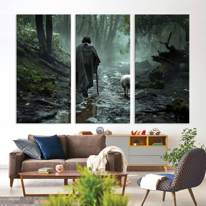 The "Forest Jesus Shepherd Canvas Wall Art" features a person with a cane, clothed in a cloak, walking beside a sheep through a misty forest. This piece captures tranquility and is ideal for adding serenity to your living room, office, or bedroom decor.