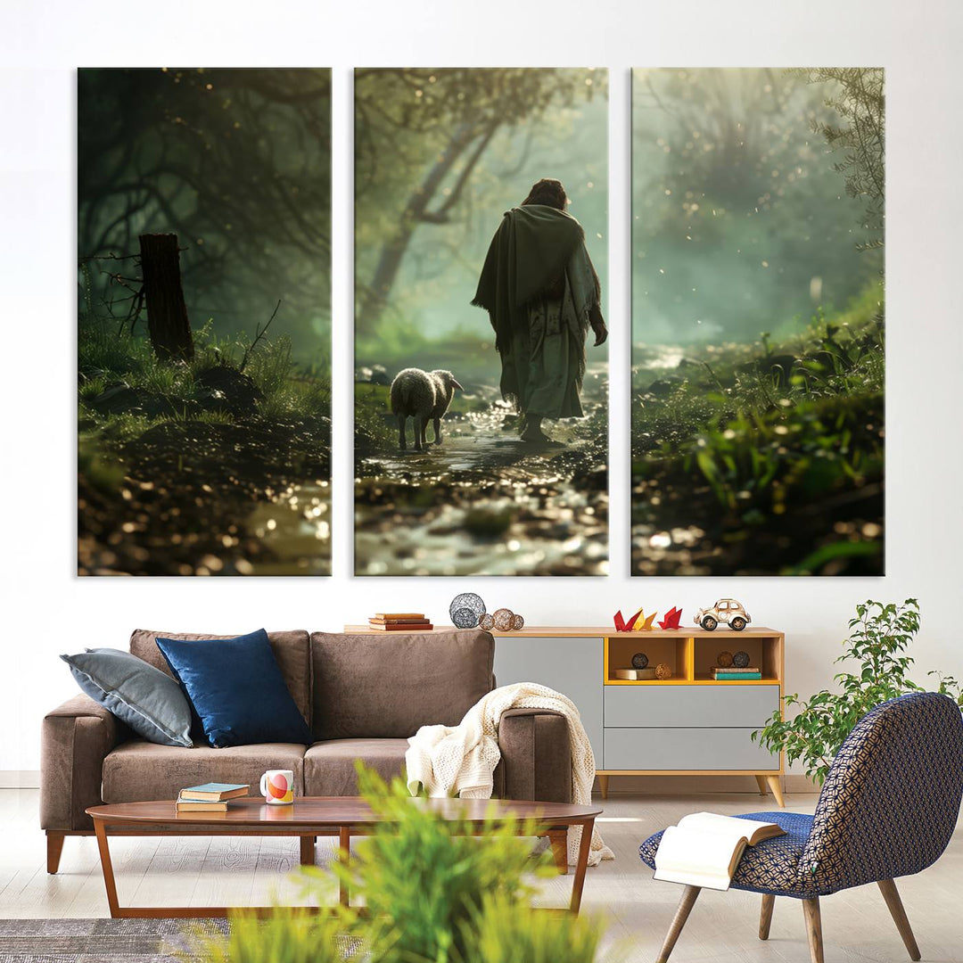 The wall art piece, titled "Jesus Shepherd a Lost Lamb Canvas Wall Art Print," is suspended on the wall and depicts a robed figure and a lamb wandering along a forest path.