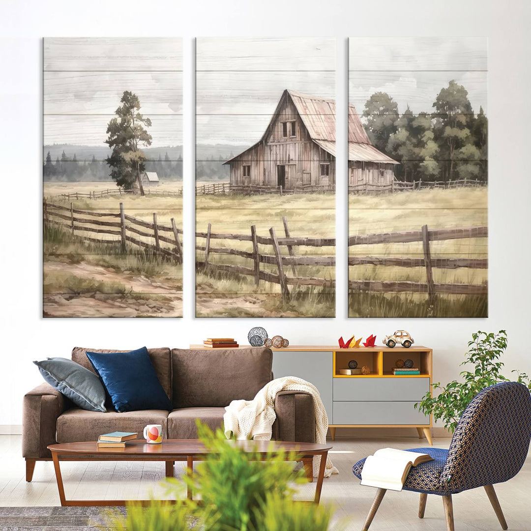 The three-panel framed gallery wrap giclee canvas print, titled "Rustic Farmhouse Barn Wall Art," showcases a country landscape with a wooden fence.