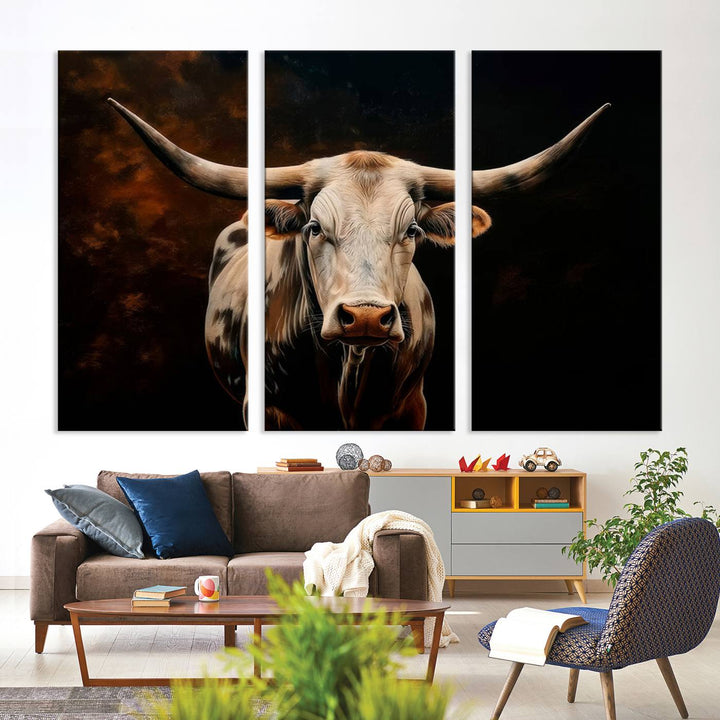 The Texas Longhorn Wall Art, a 3-panel large canvas print, infuses the room with a dash of cowboy charm.