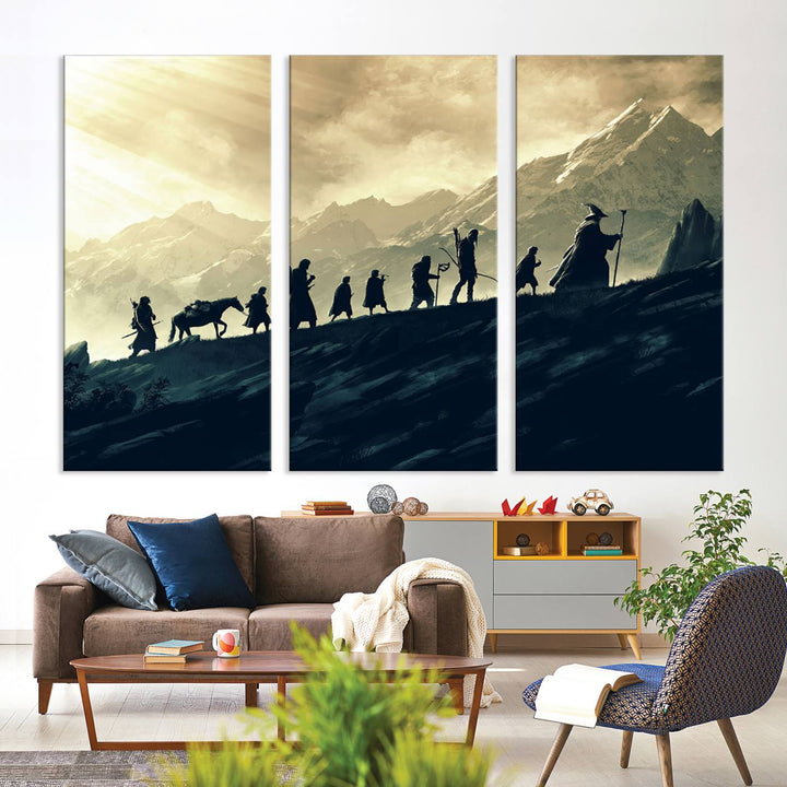 A canvas print titled "Lord of the Rings Silhouette Wall Art Capturing the Epic Quest Through Middle-Earth - The Fellowship's Journey" is displayed.