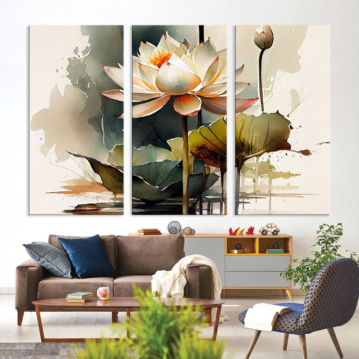 The Lotus Flower Watercolor Canvas Print, a contemporary wall art piece symbolizing serenity and growth with its soft watercolors, adorns the wall.