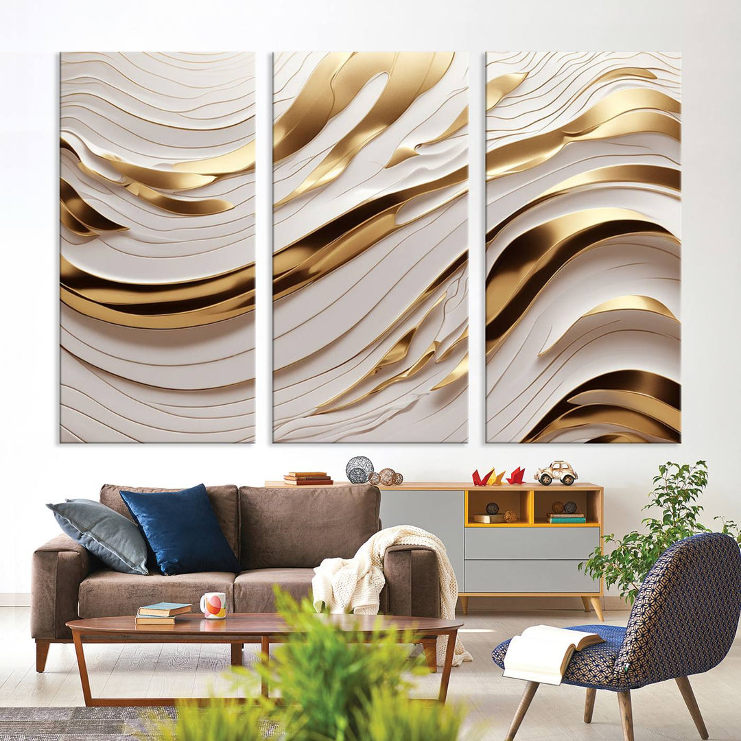 The "Gold and White Abstract Wave Canvas – Elegant Flowing Design with Luxurious Golden Accents" beautifully enhances the area and creates a stunning focal point in the room.