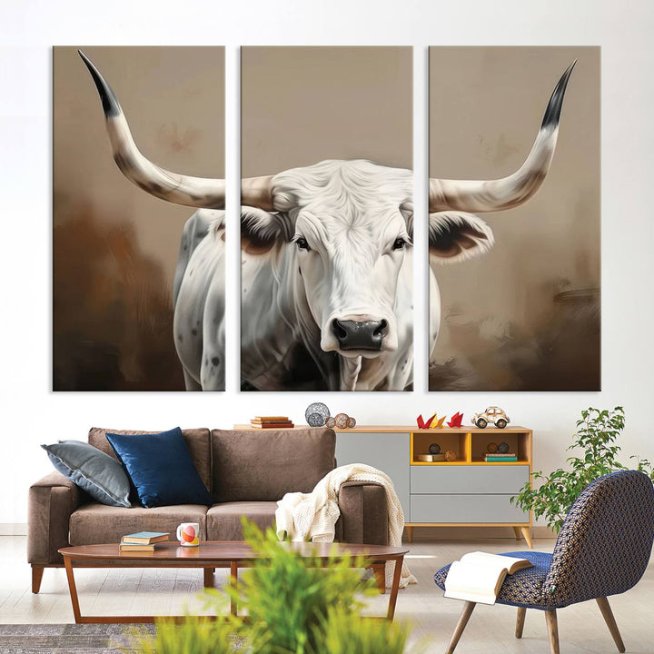 Texas Longhorn Canvas Wall Art features a triptych design on premium canvas with a gallery-quality finish.