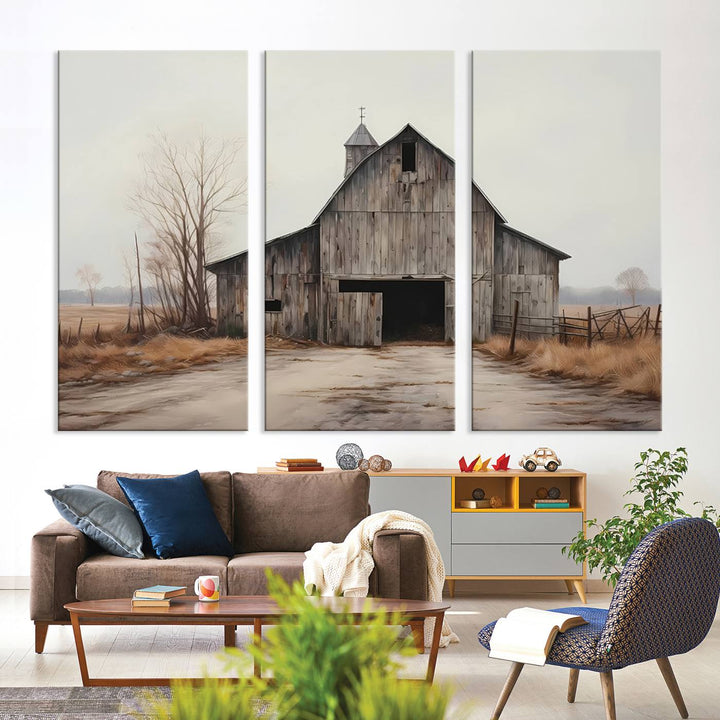 A framed and ready-to-hang Farmhouse Rustic Barn Wall Art Canvas Print is displayed against a gray wall. This stylish modern living room seamlessly combines rural life wall décor with contemporary comfort.