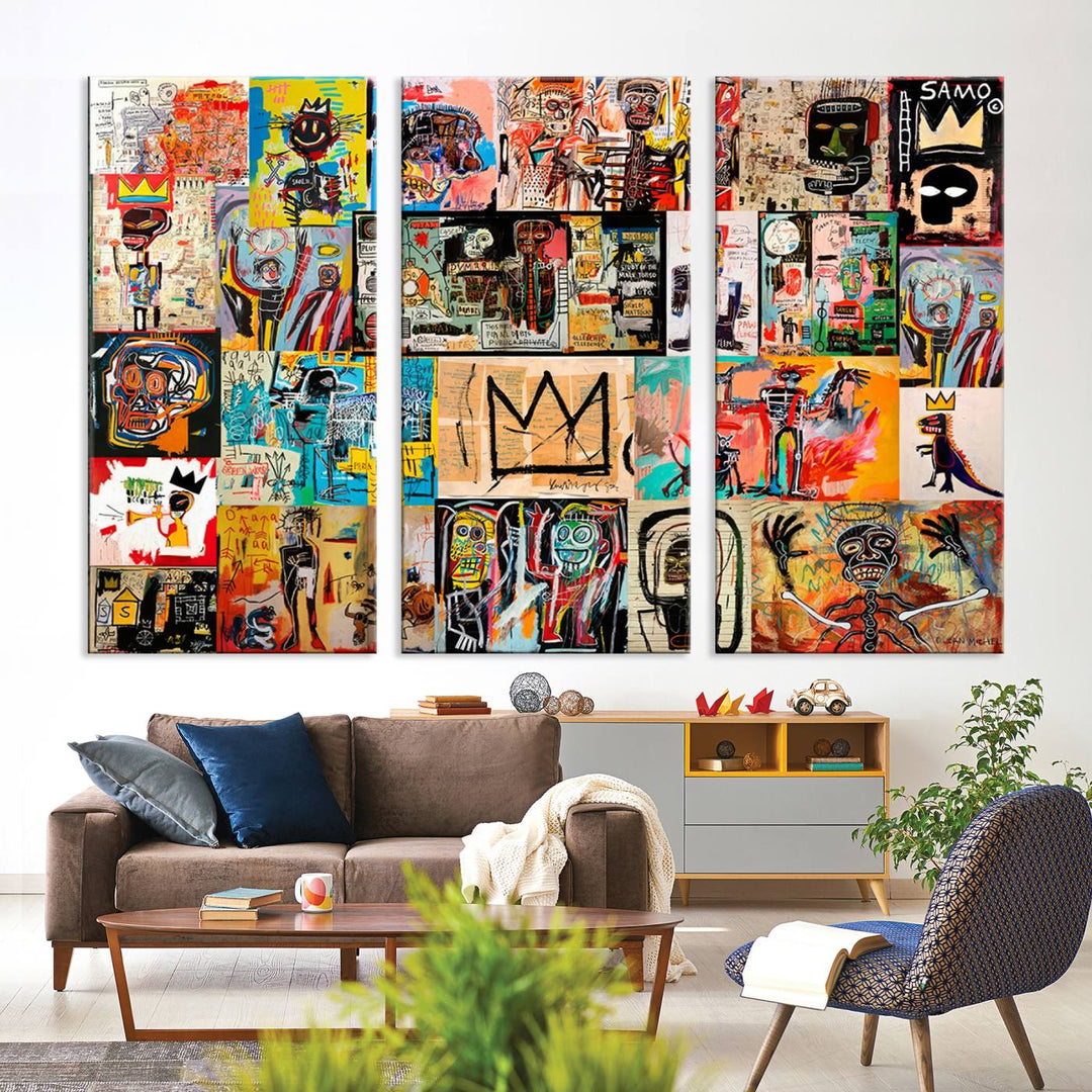 A vibrant Basquiat Art Collage Wall Art Canvas Print in an urban graffiti style adds a modern artistic flair.