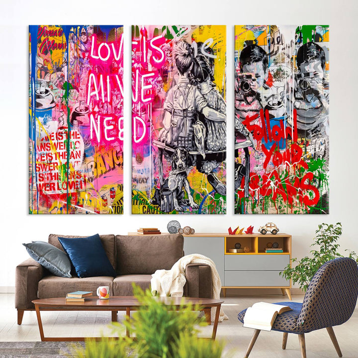 A vivid display of the "Follow Your Dreams & Love is All We Need" graffiti street art energizes a modern room with its three-panel arrangement. This bold giclee canvas print infuses any contemporary space with dynamic flair.