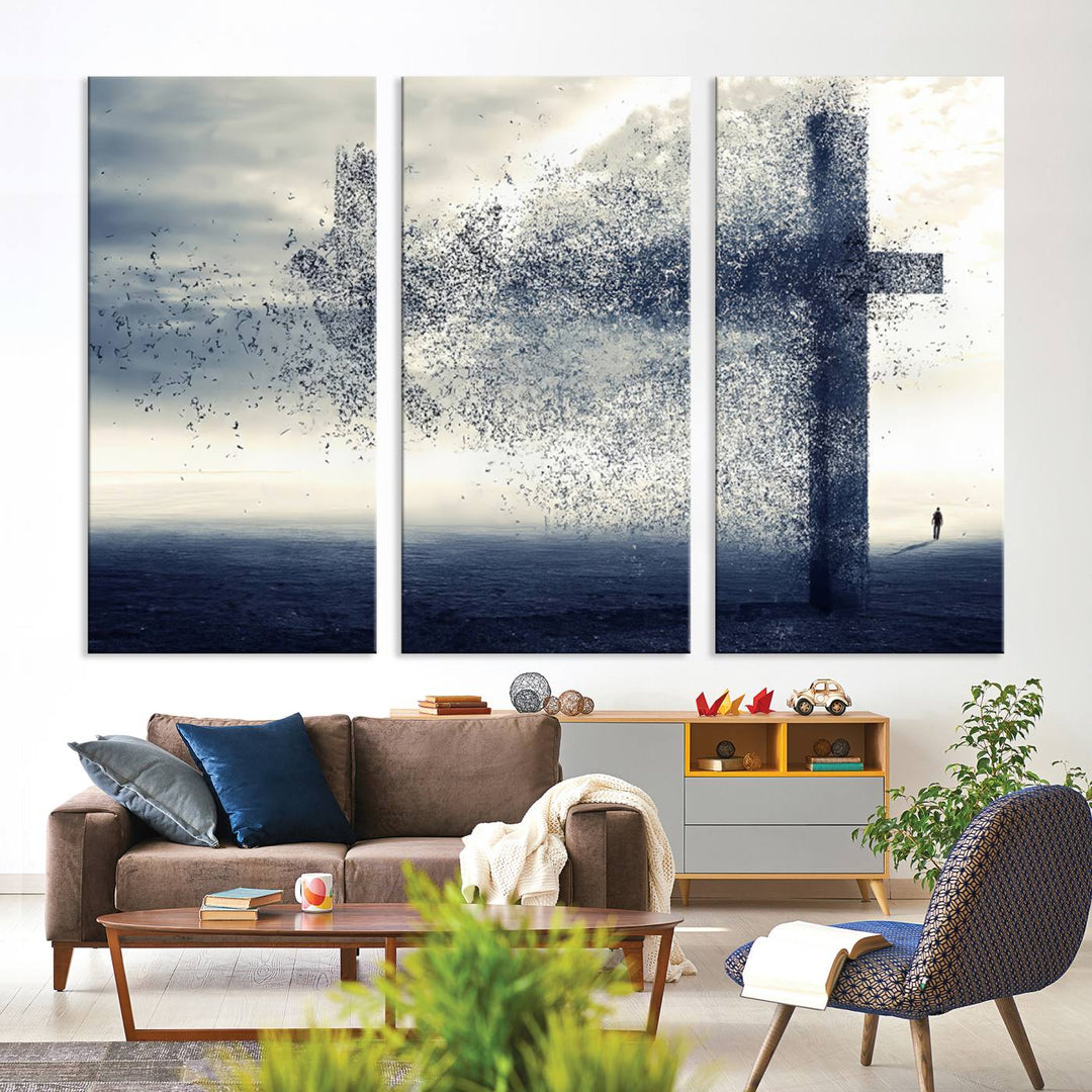 The "Jesus and the Fading Cross – Symbol of Faith" framed canvas print beautifully depicts a cross formed by birds against a moody sky above an ocean. This piece of Christian wall art infuses spirituality into the minimalist space.