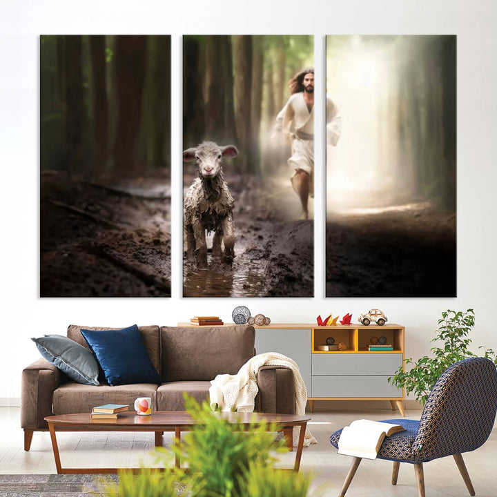 Discover the "Jesus Canvas Wall Art: Jesus Running After Lost Lamb," an exquisite triptych canvas piece that beautifully depicts Jesus in pursuit of a lost lamb within a forest setting. This artwork features a gallery-quality finish and is handmade in the USA, adding both charm and craftsmanship to your space. Perfect for Christian home decor enthusiasts.