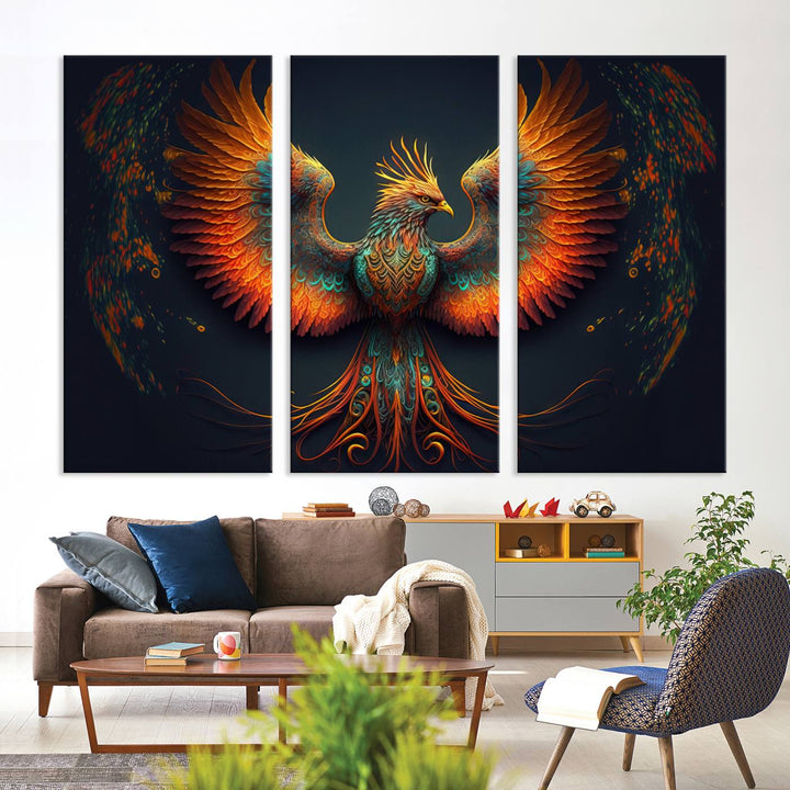 The Majestic Phoenix Wall Art Canvas Set, a fiery symbol of rebirth and strength, graces the wall.