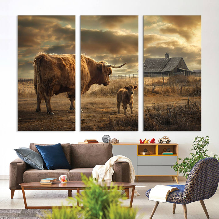 The living room features the "Highland Cow Canvas Wall Art Animal Print Pictures Fluffy Cattle Art," which captures a cow and calf in a rural sunset scene, adding gallery-quality charm.