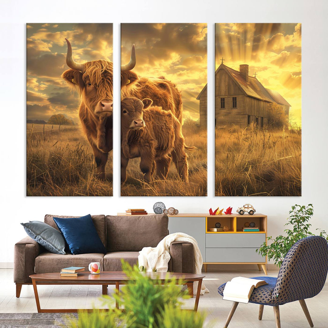 The room features the Barn and Highland Cow Canvas Wall Art Animal Print, a three-panel canvas depicting cows in a sunset field with a rustic barn backdrop. This handmade piece brings charm and character with its gallery-quality finish.