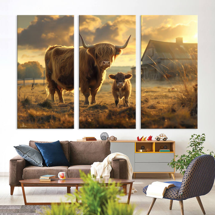 The "Highland Baby Cow Canvas Wall Art Animal Print" triptych art piece showcases a cow and calf in a sunlit field with a barn in the background.