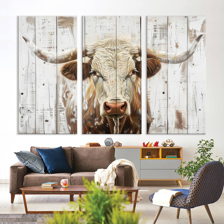 The dimly lit room is enhanced with Western charm by the Rustic Longhorn Bull Wall Art Canvas Set—Western-Inspired Farmhouse Décor, elegantly displayed on the wall.