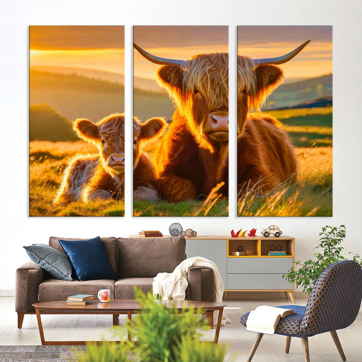 The living room showcases a gallery-quality finish with the Scottish Cow and Baby Cow Canvas Wall Art, featuring a charming animal print of fluffy cattle as the centerpiece. This stunning piece is displayed on premium canvas, creating an inviting atmosphere.