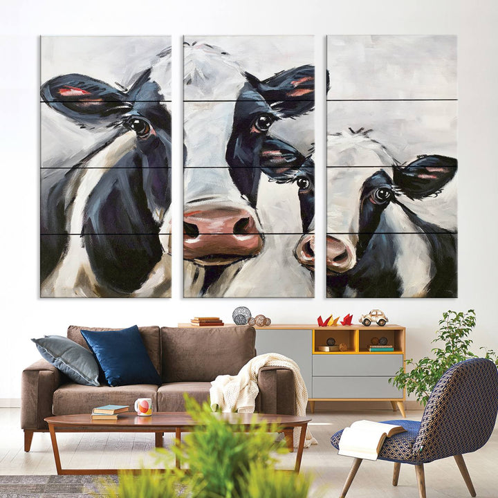 The Vintage Baby and Mom Cattle Wall Art Canvas Print is prominently displayed, adding a touch of contemporary and farmhouse decor to the modern living room.