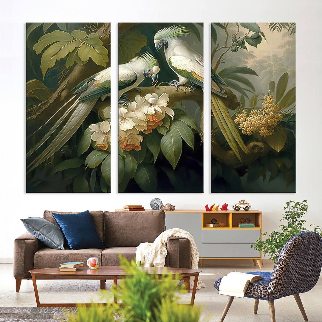 Crafted in the USA, this Tropical Paradise Print wall art features a stunning parrot amidst a lush forest and beautiful flowers.