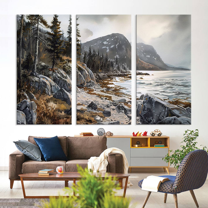 The stunning Serene Coastal View of Acadia National Park is a 3-panel wall art canvas print that beautifully captures a tranquil mountain and lake scene.