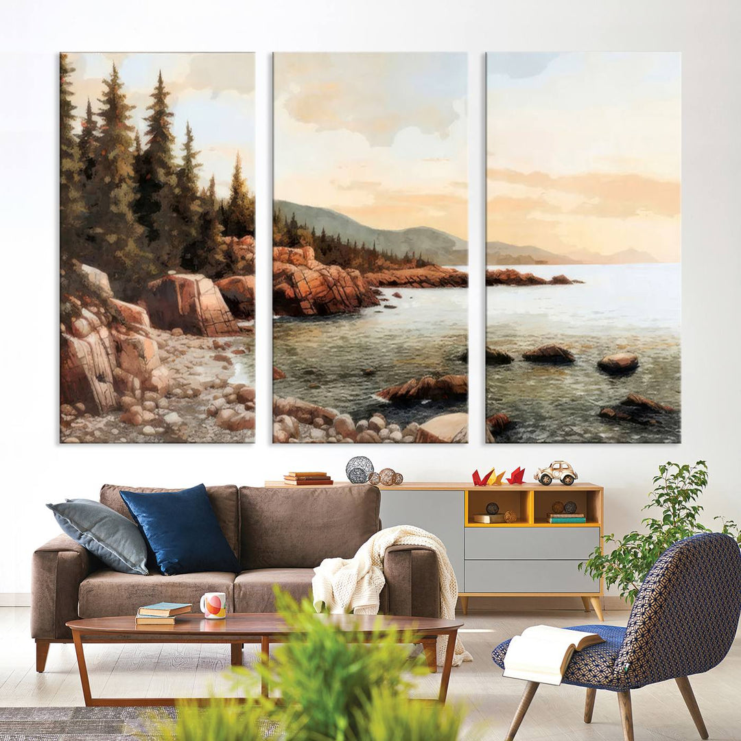 Serene Coastal View of Acadia National Park - Stunning 3-Panel Wall Art Canvas Print, Framed, Ready to Hang