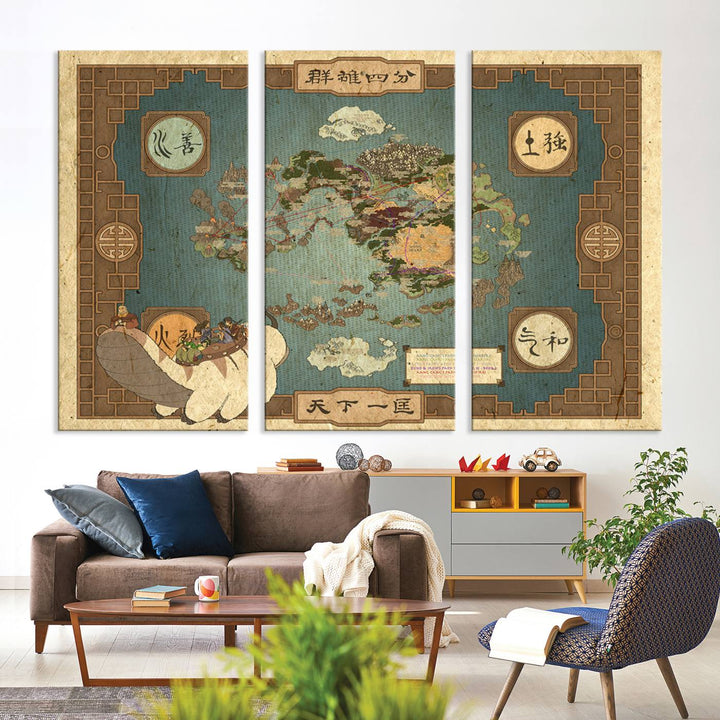 Hanging above is the Avatar: The Last Airbender Vintage Map - Wall Art Canvas Print, framed and ready to hang, showcasing an enchanting glimpse into the iconic four nations design.