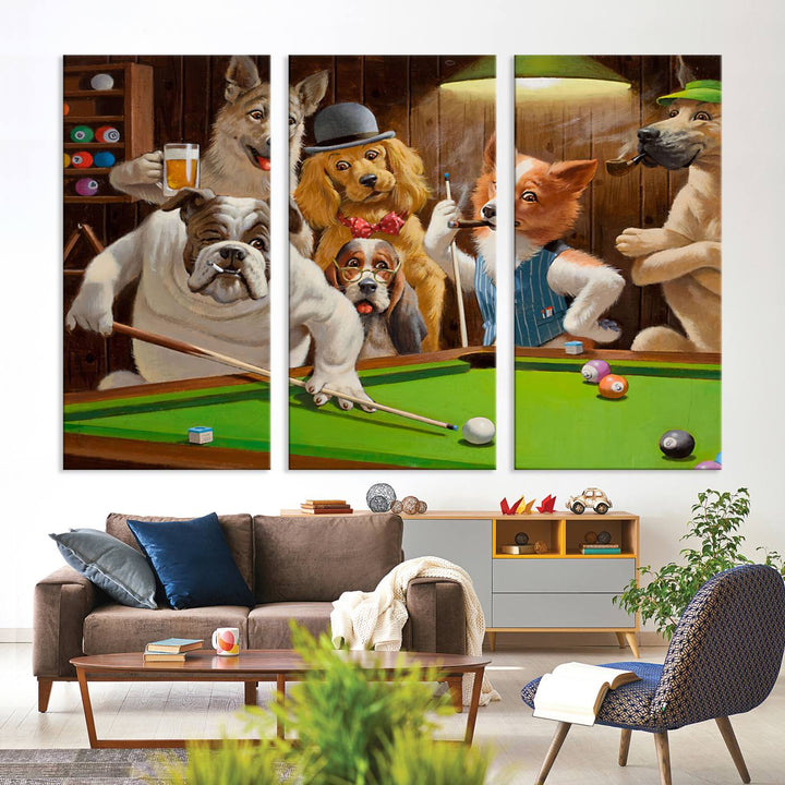 The "Dogs Playing Pool Canvas Wall Art" features a whimsical scene of dogs dressed as humans playing pool in a bar, presented as a three-panel display with a gallery-quality finish.