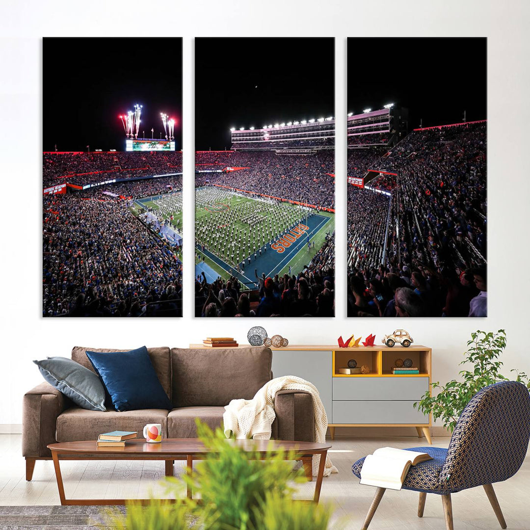 Ben Hill Griffin Stadium Night Game Triple Canvas Wall Art - Florida Gators Football Match