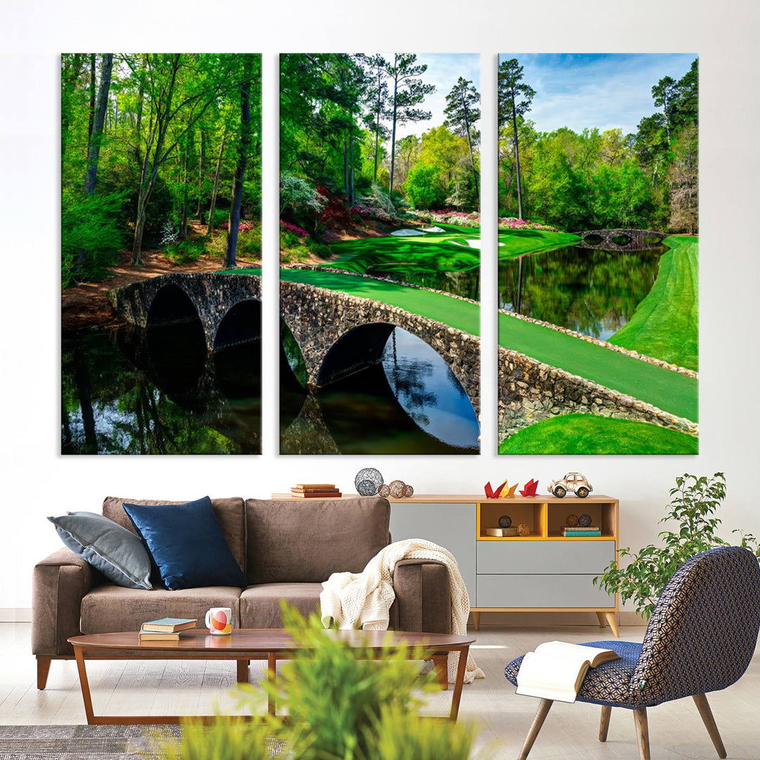 Augusta National Golf Club Wall Art - Panoramic Bridge & Lush Greenery – Premium Framed, Ready-to-Hang Triptych Canvas