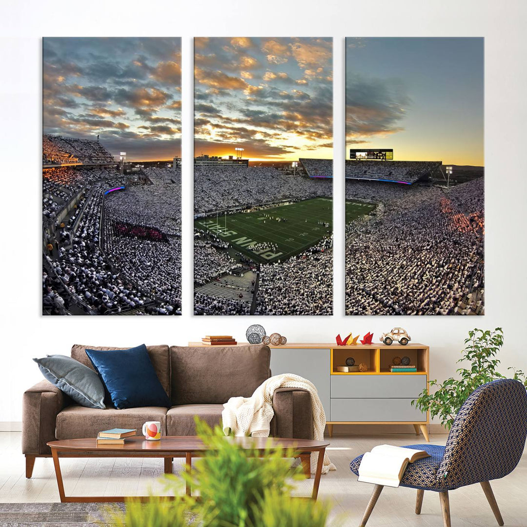 Beaver Stadium Sunset Triple Canvas Wall Art - Penn State Nittany Lions Football Match