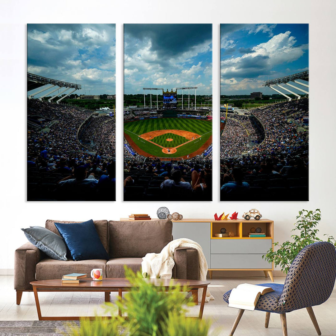 Kauffman Stadium Day Game Triple Canvas Wall Art - Kansas City Royals MLB Match