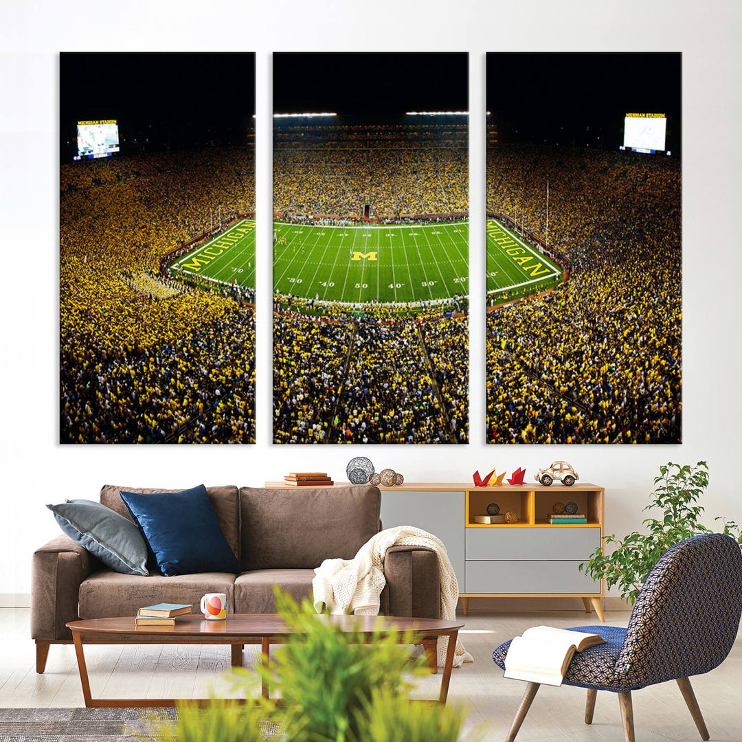 Michigan Wolverines Football Team Print - Michigan Stadium Night Game Triple Canvas Wall Art - University of Michigan Football Match