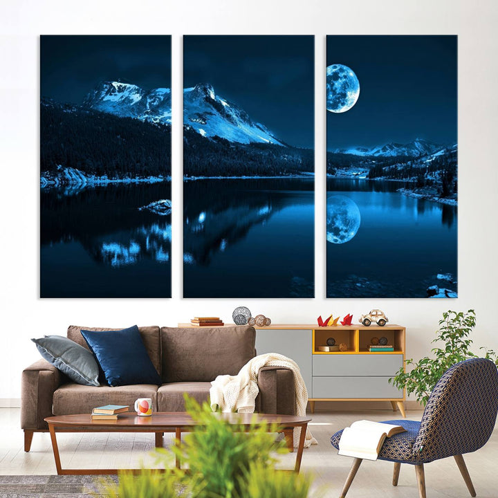 Blue Moon Mountain Lake Landscape Framed Wall Art Canvas Print