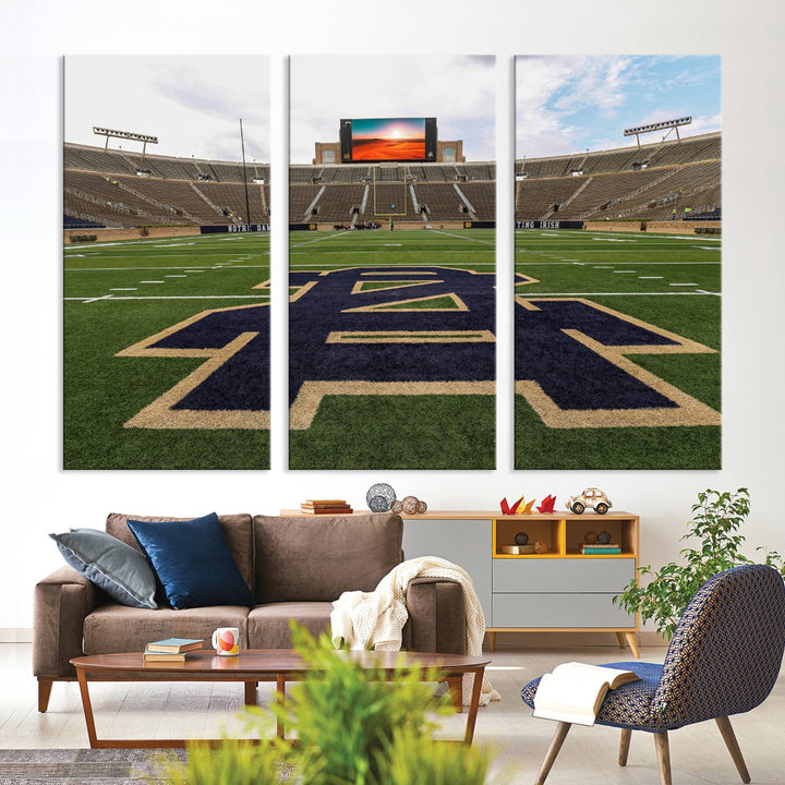 Notre Dame Stadium Giclee Canvas Print | Triptych Wall Art Featuring Iconic Notre Dame Football Field | Ready-to-Hang Sports Stadium Decor