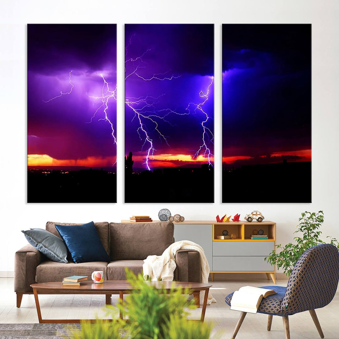 Electrifying Sunset Thunderstorm Canvas Print – Dramatic Lightning and Vibrant Sunset Wall Art