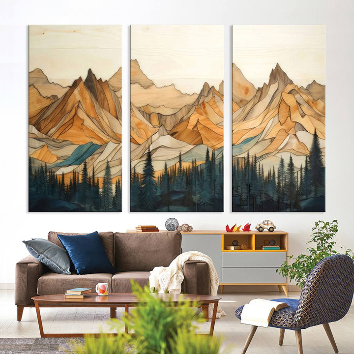 Rustic Wood Style Mountain Wall Art Print | Triptych Giclee Print Featuring Handcrafted Forest and Mountain Range Design | Framed Ready-to-Hang Print