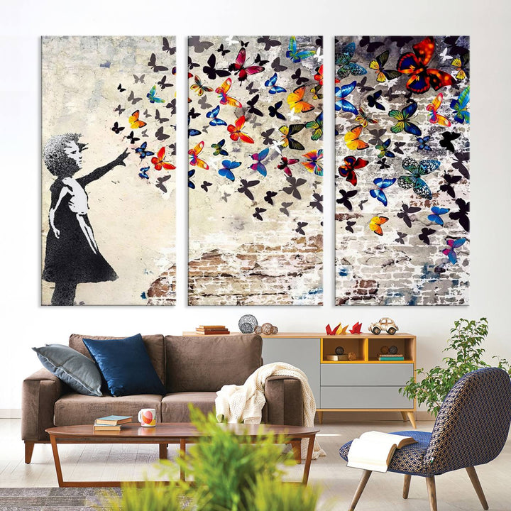 Banksy Style Girl with Butterflies Wall Art - Beautiful Framed Ready-to-Hang Triptych Canvas - Vibrant Butterfly Street Art for Modern Decor