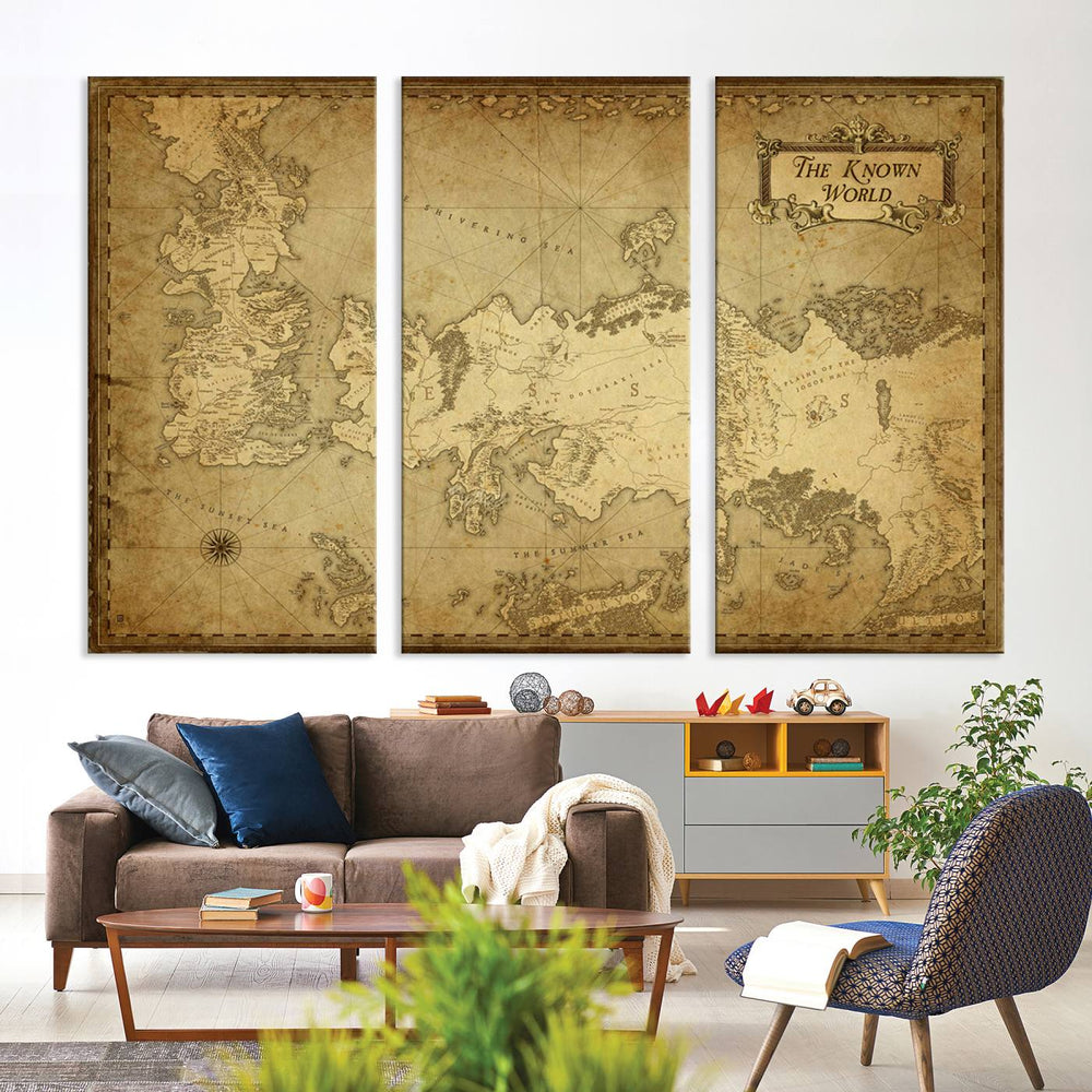 Vintage Game of Thrones map wall art featuring Westeros and Essos, printed on Giclee canvas. Triptych design for fantasy lovers.