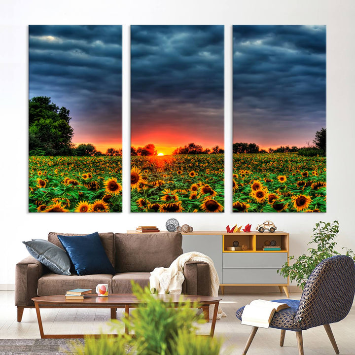 Golden Sunflower Field at Sunset – Breathtaking Sky and Vibrant Flowers, Ready to Hang Wall Art Canvas Print