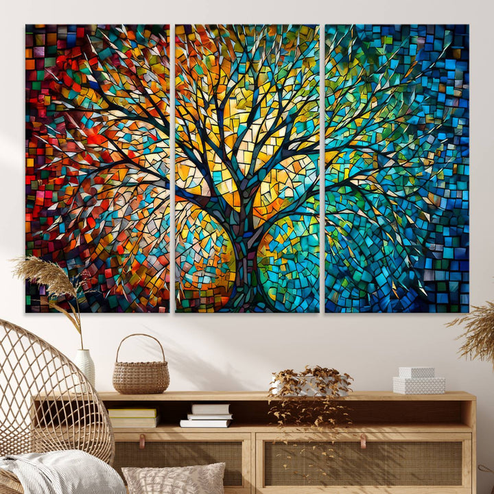 Explore the Yggdrasil Tree of Life Wall Art Print, a 3-panel canvas print made in the USA, featuring a vibrant multicolor mosaic design.