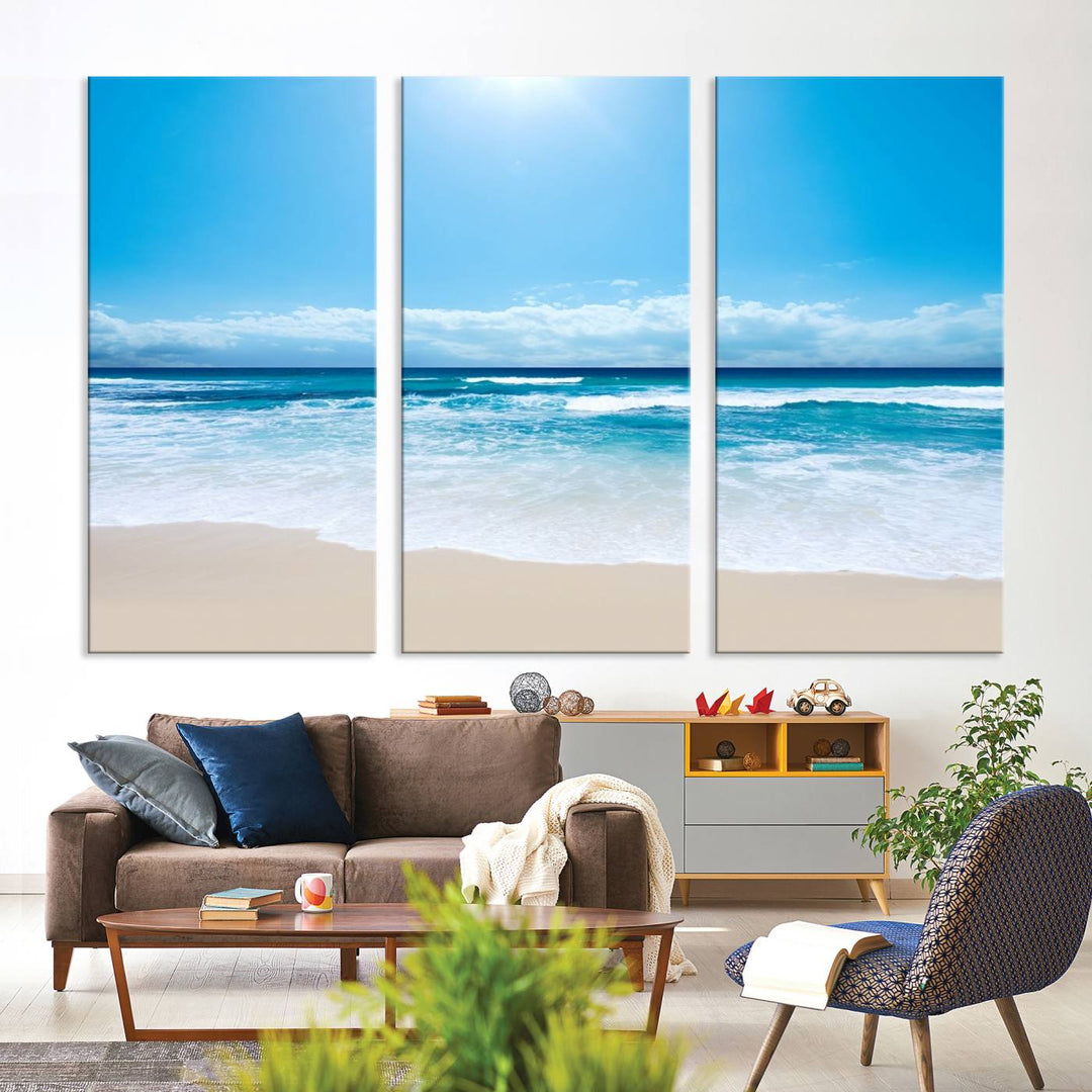 Lienzo decorativo para pared grande con estampado de mar y playa azul brillante