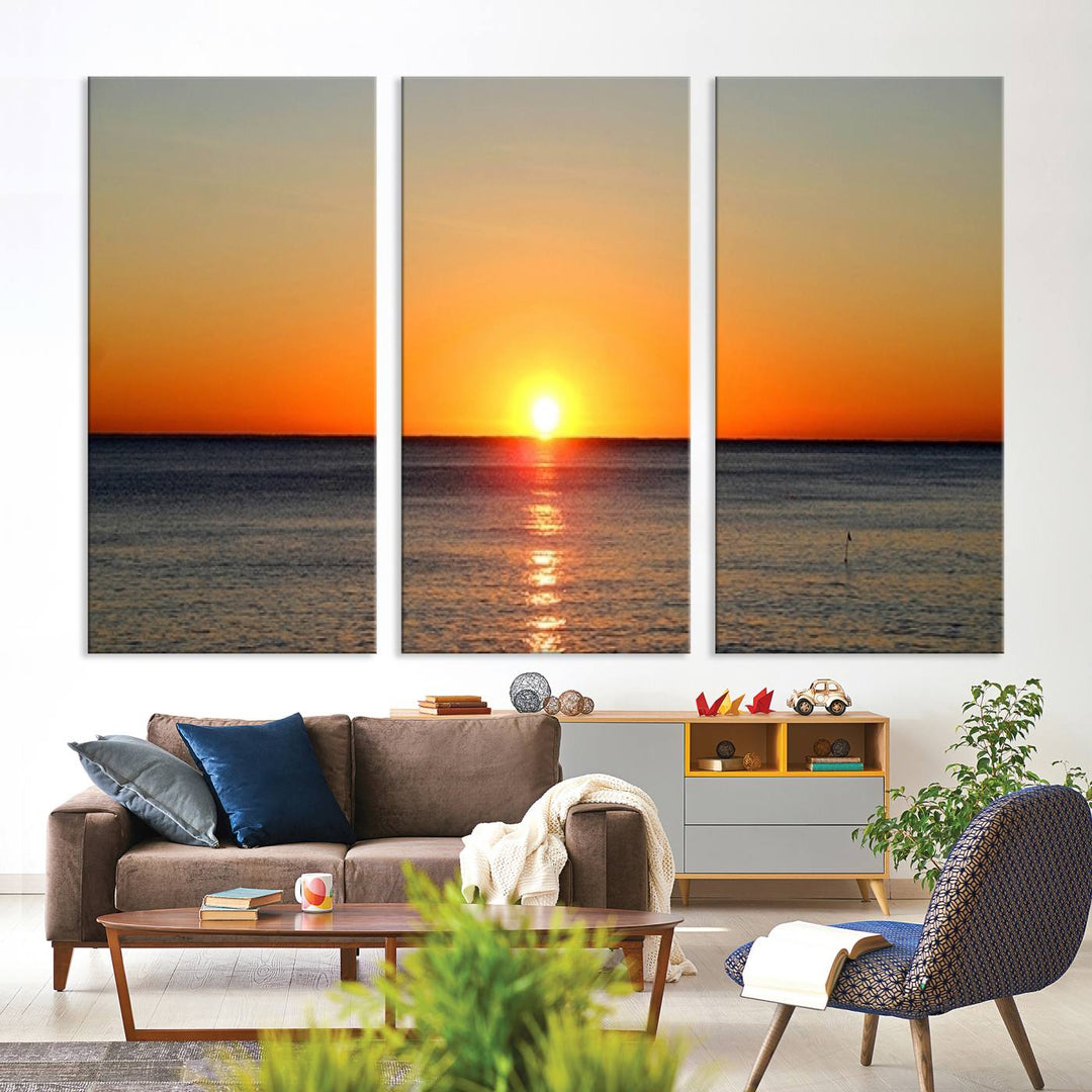 Golden Horizon Sunset Over Ocean Wall Art Canvas Print – Tropical Beach Canvas Wall Art – Giclee Print for Coastal Theme Decor Print