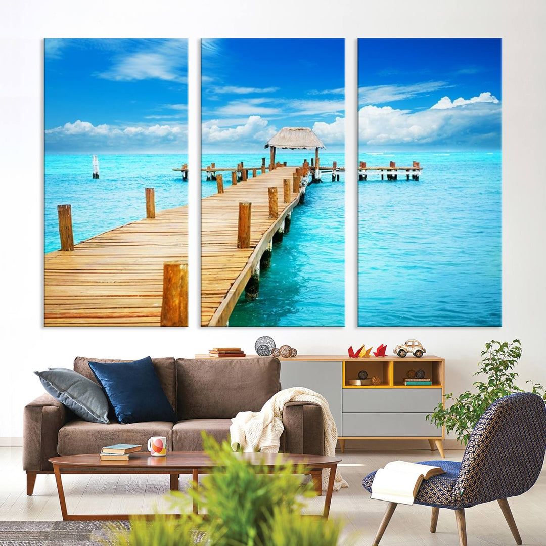 Tropical Pier Triptych Wall Art, Stunning Turquoise Ocean and Wooden Dock Canvas Print, Coastal Beach House Decor, Ocean View Canvas Art