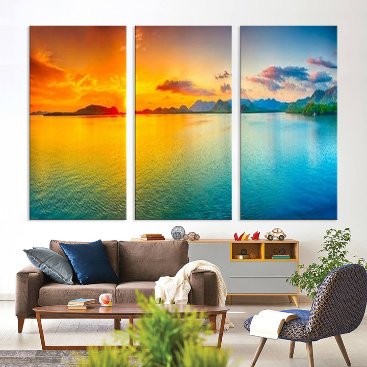 Wall Art Canvas Print Colorful Sunset Sea and Mountain Artwork