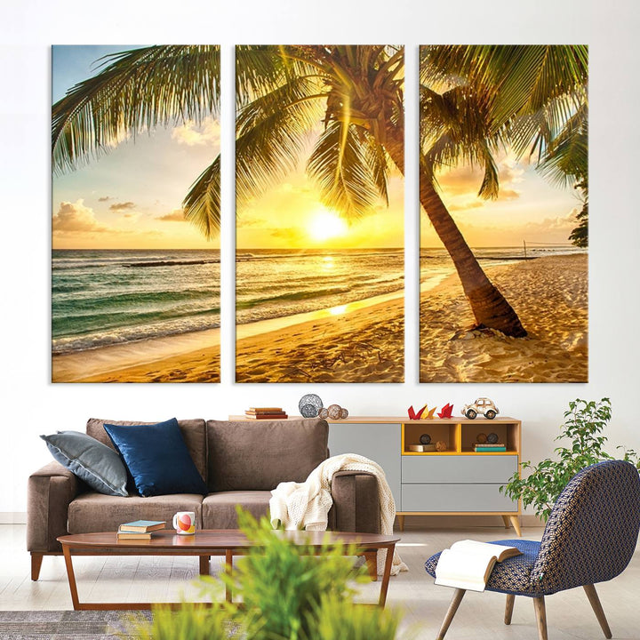 Wall Art Canvas Print Palm on Beach at Bright Sunset