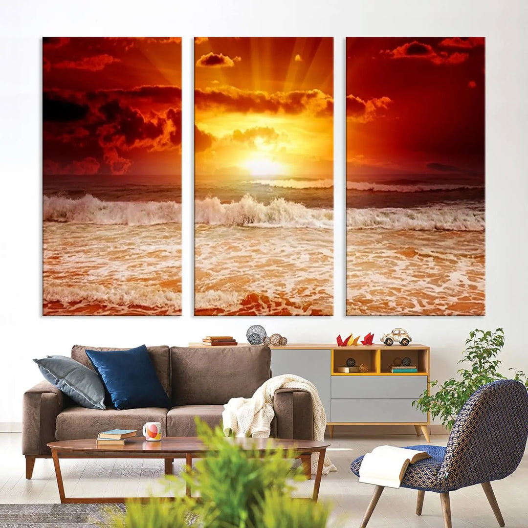 In a modern living room, the vibrant "Wall Art Canvas Perfect Sunset Turns Colour of Sea and Sky to Red," printed on museum-quality canvas, stands out. A floor lamp casts warm light over the ready-to-hang artwork, which includes a UV-protective coating to ensure lasting brilliance.